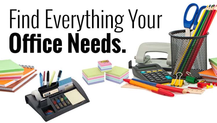 'Find Everything Your Office Needs' Text with Office Supplies
