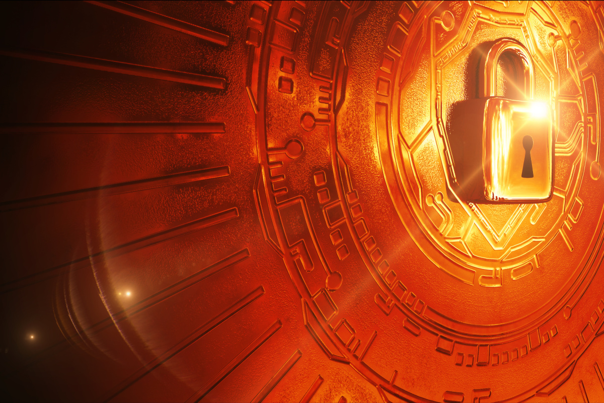 A reddish-gold metal lock on a metal dial covered in circuitry that represents cyber security