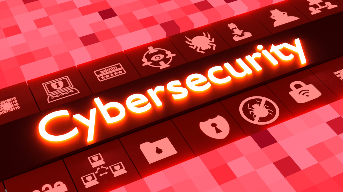 The word 'Cybersecurity' on a red background with various technology and security icons