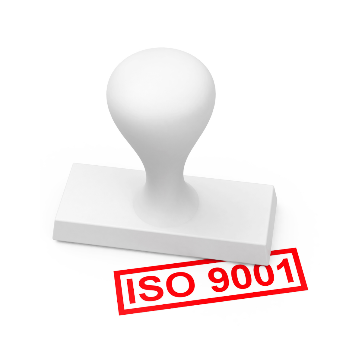 A stamp with 'ISO 9001' stamped in red underneath it