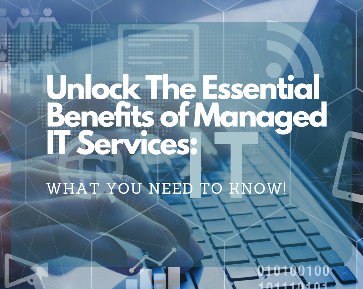 Hands typing on a keyboard with a hexagonal grid of IT related icons overlayed on top of it, with the text 'Unlock The Essential Benefits of Managed IT Service: What You Need to Know'.