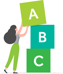 Clip art of woman stacking blocks labeled 'A', 'B', 'C'